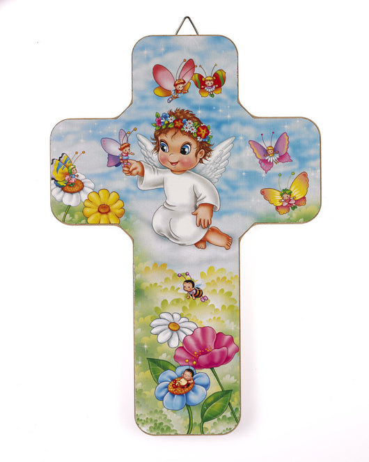 Wood wall cross-  Guardian Angel with butterfly