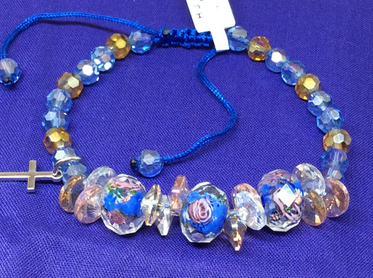 Glass Cross Bracelet with Floral Design Blue