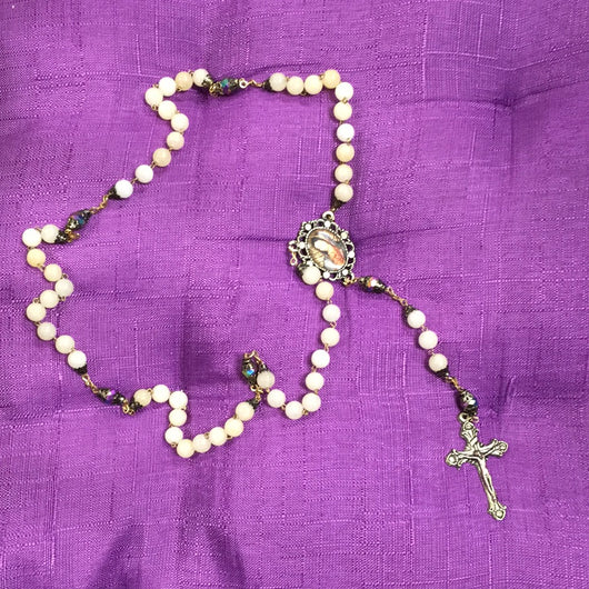 Rosary Ivory Agate Stone Gold Our Lady of Guadalupe