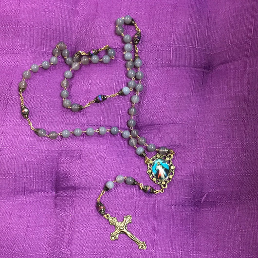 Rosary Gray Agate Stone Gold Divine Mercy