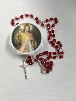 Red Glass Rosary in Divine Mercy Case