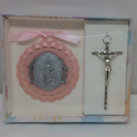 Pink Crib Medal with Crucifix