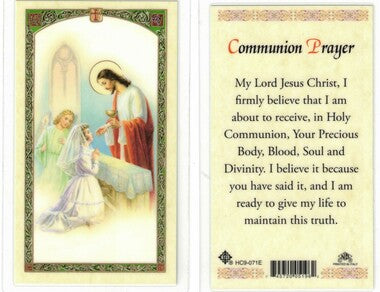 First Communion Girl with Angel in Green Prayer Card