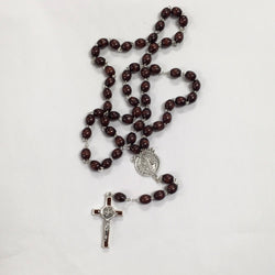 St. Benedict Rosary, brown wood beads, 20”