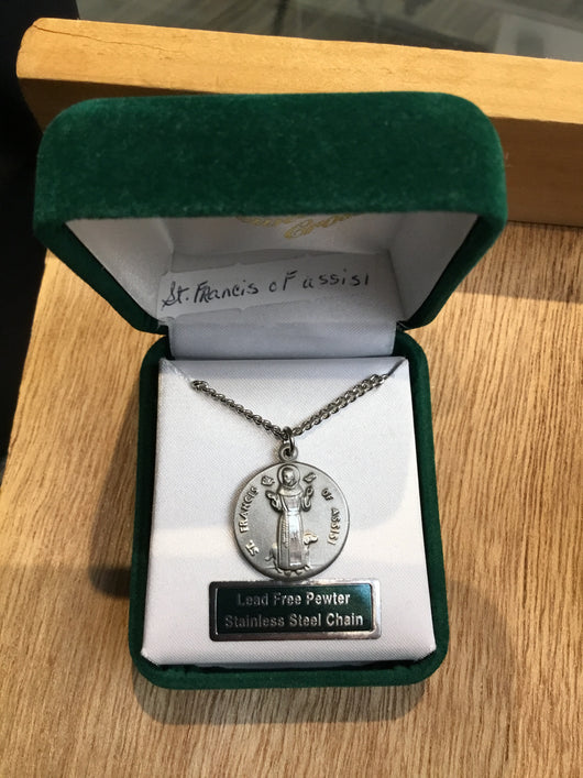 Saint Francis of Assisi pewter medal and 18