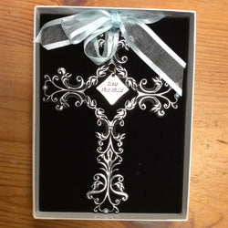 Bless This Child Filigree Cross with Blue Ribbon
