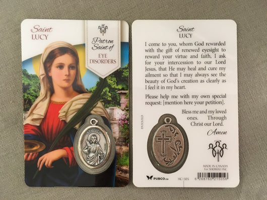 Saint Lucy Patron Saint of Eye Disorders Prayer Card with Medal