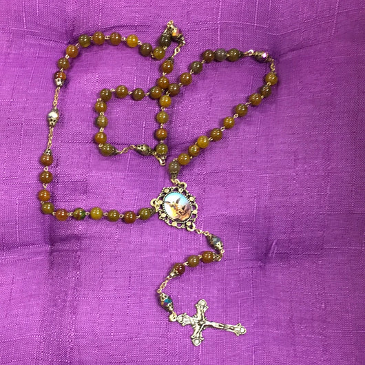 Rosary Brown Agate Stone Gold St Michael