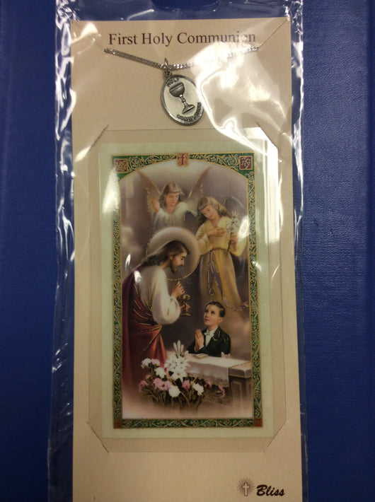 Bliss First Holy Communion Prayer Card with Chalice Medal Boy